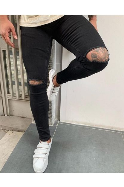 14 fashion erkek siyah slim fit dizleri