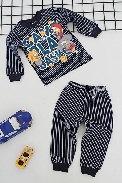 Supermini Kral Sakir Baskili Cizgili Erkek Bebek Pijama Takimi 2 Parca Lacivert Trendyol