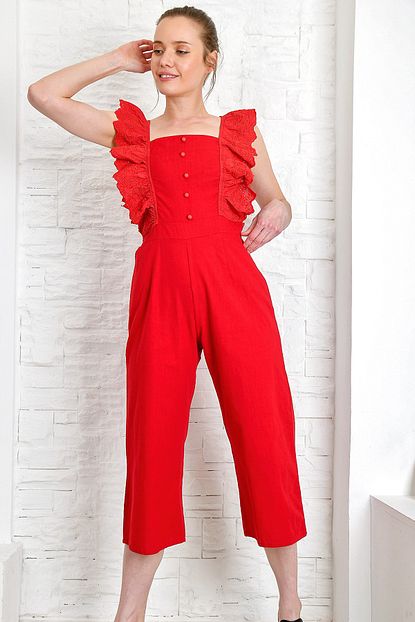 Trend Alacati Stili Kadin Kirmizi Gipeli Fistolu Firfirli Dokuma Tulum Alc X4158 Trendyol