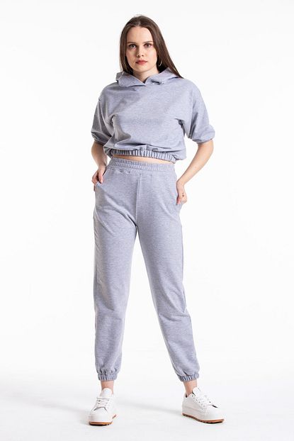 Caya Kadin Gri Kapusonlu Oversize Yuksek Bel Kisa Kollu Esofman Takimi Trendyol