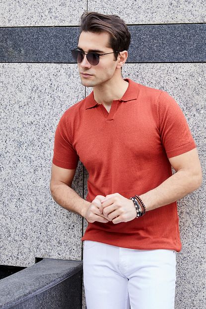 Sateen Men Erkek Kiremit Duz Polo Yaka Kisa Kollu Triko Stn335etr124 Trendyol