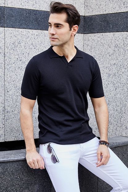Sateen Men Erkek Siyah Duz Polo Yaka Kisa Kollu Triko Stn335etr124 Trendyol