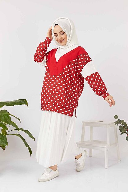 Festmoda Kadin Kirmizi Puantiyeli Kapusonlu Tesettur Sweatshirt 856 043 Trendyol