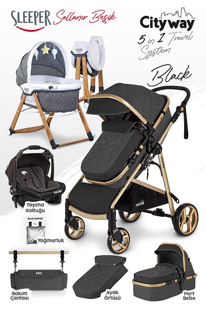 Kiwi 6 In 1 Yenidogan Set City Way Bebek Arabasi Ve Sleeper Sallanabilir Besik Siyah Trendyol