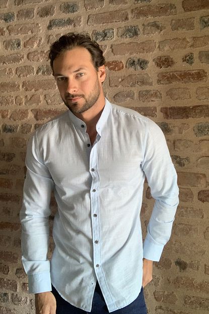 Trendyol Man Mavi Erkek Basic Hakim Yaka Apoletli Slim Fit Uzun Kollu Gomlek Tmnss20go0188 Trendyol