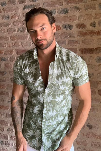 Trendyol Man Haki Erkek Palmiye Baskili Dugmeli Yaka Kisa Kollu Slim Fit Gomlek Tmnss20go0254 Trendyol