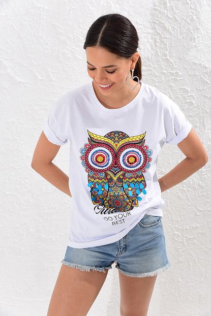 Cool Sexy Kadin Beyaz Baykus Baskili Payetli T Shirt Td4507 Trendyol