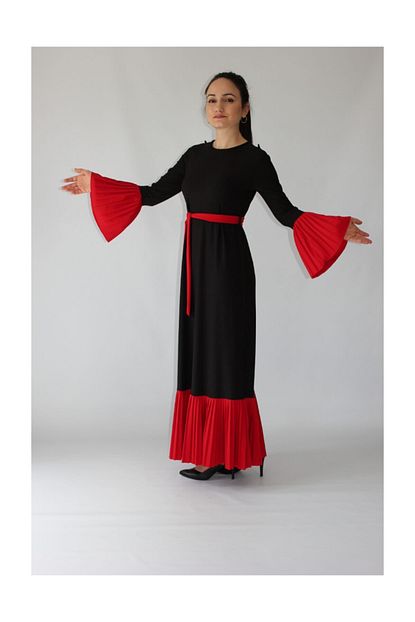 Oyaguler Siyah Kirmizi Maxi Elbise Trendyol
