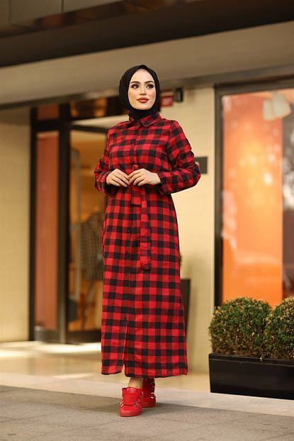 Nurhira Kadin Siyah Kirmizi Kareli Kase Elbise 6697 Trendyol