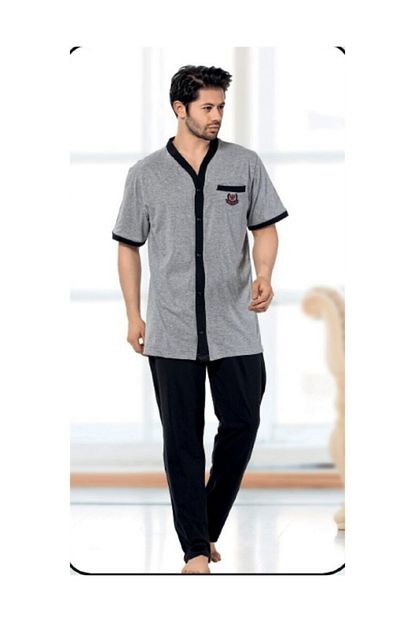 Birsen Erkek Battal Boy Onden Dugmeli Pijama Takimi Gri Trendyol