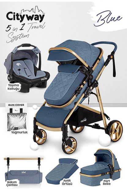 Kiwi City Way 5 In 1 Bebek Arabasi Tasima Koltugu Bakim Cantasi Yagmurluk Lacivert Trendyol