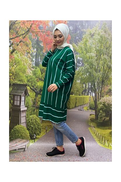 Modayns Kadin Yesil Renkli Cizgili Tunik Trendyol