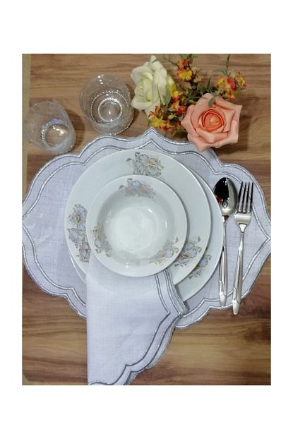 Ayc Home 12 Li 6 Kisilik 12 Parca Amerikan Servis Takimi Beyaz Keten Kumas Simli Nakisli 42x32cm Trendyol