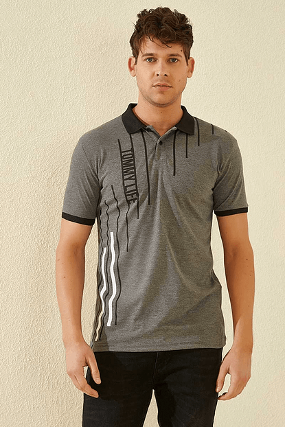Tommy Life Cizgi Baskili Polo Yaka Antrasit Erkek T Shirt T08er 87804 1 Trendyol