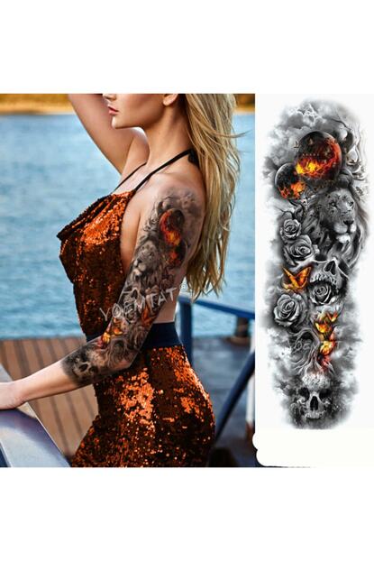 gecici dovme tattoo kol kaplama asil aslan kuru kafa ates ve bulutlu gece