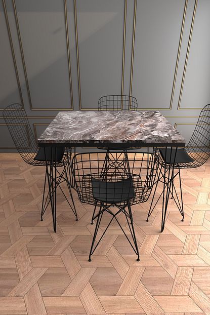 Vudi Design Lifos Xl Buyuk Boy Yemek Mutfak Balkon Masasi Mermer Desenli 4 Adet Tel Sandalye Trendyol