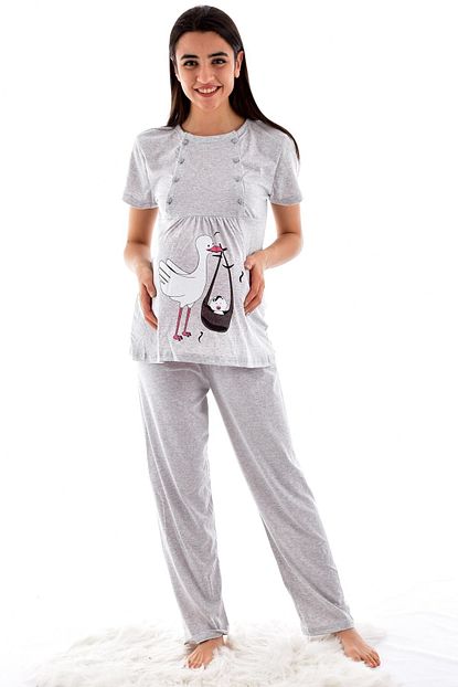 Stil Bayan 678 3 Lu Hamile Pijama Takimi Gri Trendyol