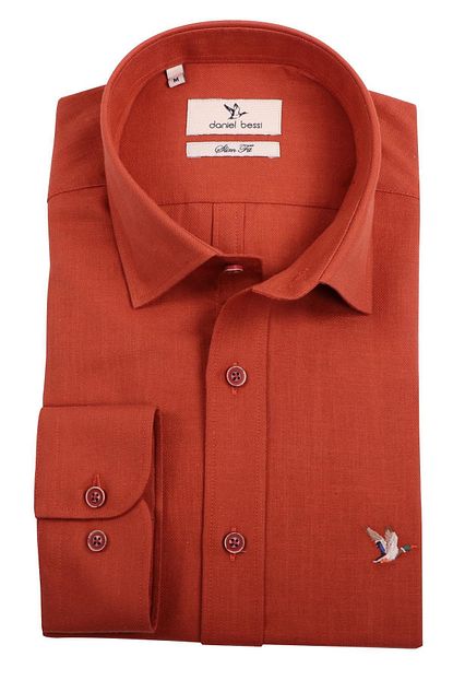 Daniel Bessi Slim Fit Uzun Kollu Duz Mercan Rengi Erkek Gomlek 506 424 Trendyol