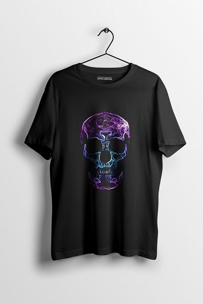 Apex Moda Erkek T Shirt Blue Neon Skull Baskili Trendyol