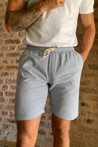 Trendyol Man Mavi Erkek Beli Lastikli Cizgili Seer Sucker Sort Bermuda Tmnss20sr0261 Trendyol