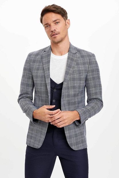 Defacto Erkek Lacivert Kareli Blazer Ceket L4707az 19sm Nv2 Trendyol