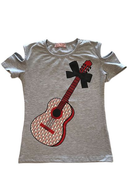 Your World Gri Gitar Baskili Kesik Kisa Kollu Kiz Cocuk T Shirt Trendyol