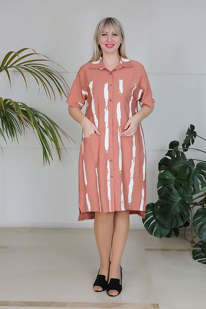 New Color Kadin Somon Baskili Yazlik Gomlek Midi Elbise Trendyol