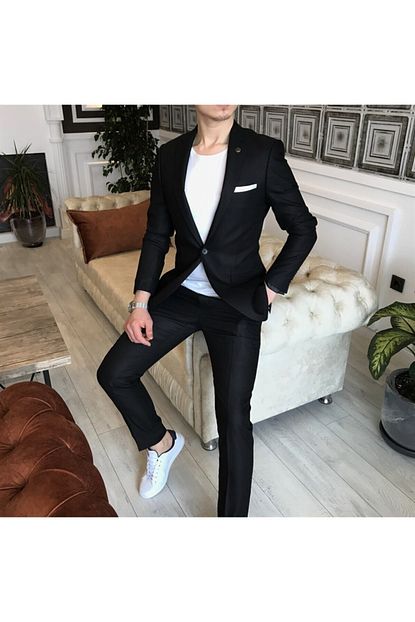 Terziademaltun Italyan Stil Slim Fit Erkek Ceket Pantolon Takim Elbise Siyah T4553 Trendyol