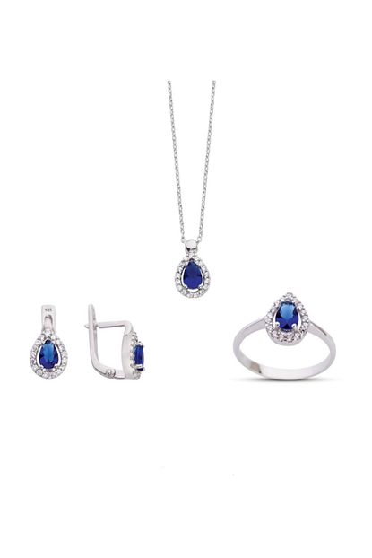 Kuyumcudukkani Oval Kesim Safir Renk Orta Tasli Beyaz Altin Mini Set Trendyol