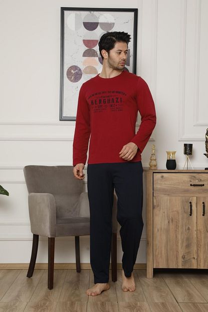 Pijamaevi Kirmizi Benghazi Baskili Uzun Kollu Erkek Pijama Takimi Trendyol