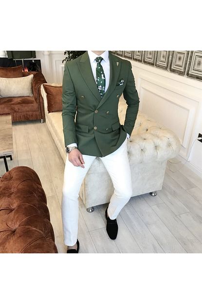 Terziademaltun Erkek Yesil Italyan Stil Slim Fit Kruvaze Blazer Tek Ceket T3343 Trendyol