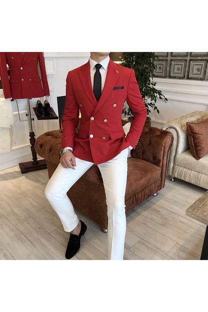 Terziademaltun Erkek Kirmizi Italyan Stil Slim Fit Kruvaze Blazer Tek Ceket T3342 Trendyol