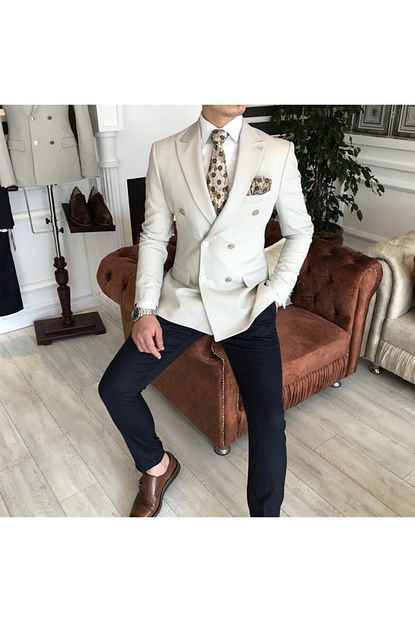 Terziademaltun Erkek Ekru Italyan Stil Slim Fit Kruvaze Blazer Tek Ceket T3344 Trendyol
