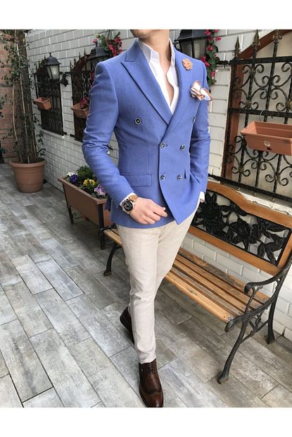 Terziademaltun Erkek Mavi Italyan Stil Slim Fit Kruvaze Blazer Tek Ceket T3364 Trendyol