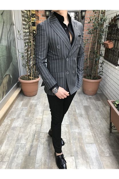 Terziademaltun Italyan Kesim Kruvaze Cizgili Tek Blazer Erkek Ceket Gri 3448 Trendyol