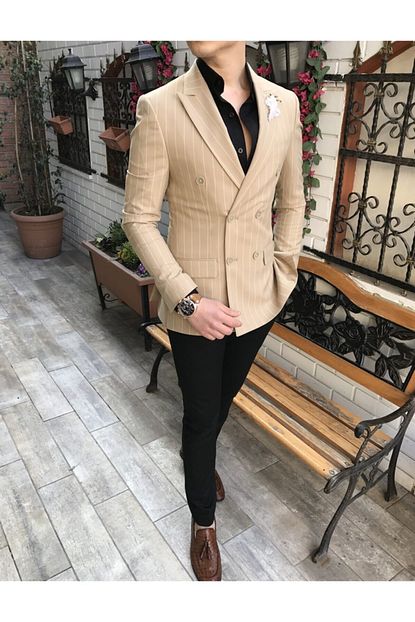 Terziademaltun Italyan Kesim Kruvaze Cizgili Tek Blazer Erkek Ceket Bej 3454 Trendyol