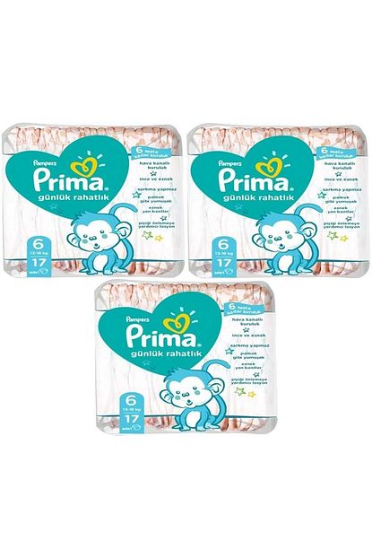 Prima Bebek Bezi Gunluk Rahatlik 6 Beden Numara 13 18 Kg Xlarge 17 Li 3 Paket 51 Adet Trendyol