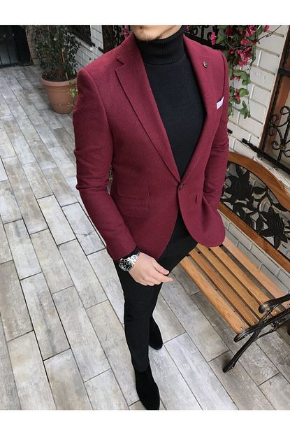 Terziademaltun Erkek Italyan Stil Slim Fit Yun Blazer Tek Ceket Bordo T4442 Trendyol