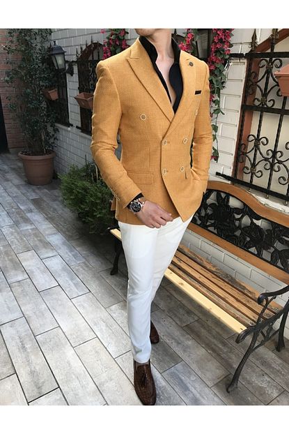 Terziademaltun Italyan Stil Erkek Slim Fit Sari Kruvaze Tek Ceket T3680 Trendyol