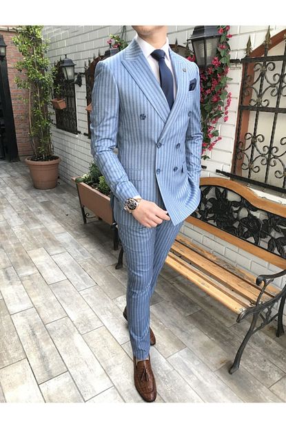 Terziademaltun Erkek Italyan Stil Ceket Pantolon Kruvaze Mavi Takim Elbise T3536 Trendyol