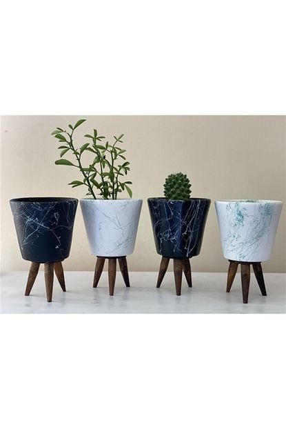 Topsan Ahsap Ayakli Mavi Mermer Desenli Beyaz Ve Siyah Saksi 10cm 4 Lu Trendyol