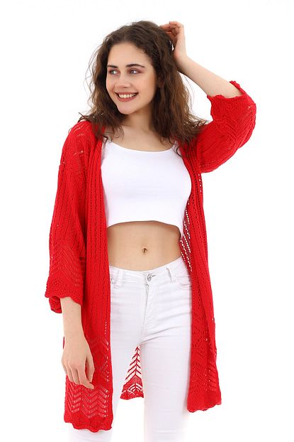 Chokmoda Kadin Kirmizi Ajurlu Triko Uzun Ince Hirka Trendyol