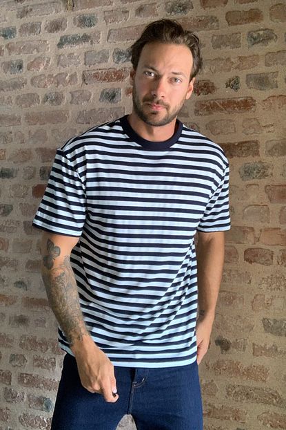 Trendyol Man Lacivert Erkek Cizgili Bol Kesim T Shirt Tmnss20ts0511 Trendyol