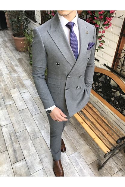 Terziademaltun Italyan Stil Kruvaze Ceket Pantolon Takim Elbise Gri T4358 Trendyol