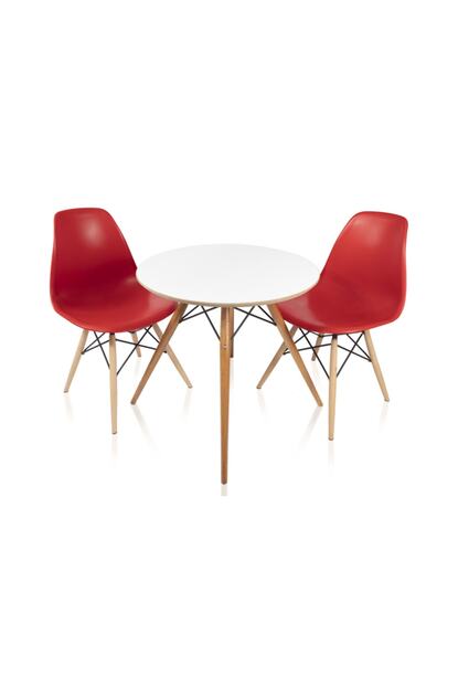 Dorcia Home Yuvarlak Eames Ahsap Ayakli Ahsap Masa Ve 2 Adet Kirmizi Eames Sandalye Seti Trendyol
