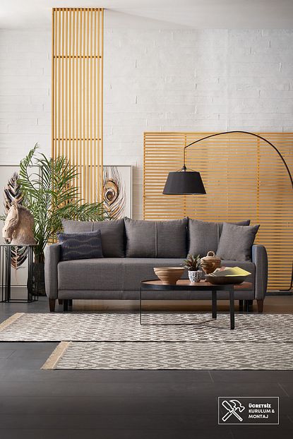 Enza Home Smart 3 Lu Yatakli Koltuk Kahve Mavi Keten Kumas