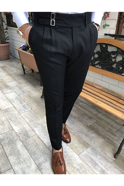 Terziademaltun Italyan Kesim Kemerli Pileli Siyah Kumas Pantolon T3384 Trendyol