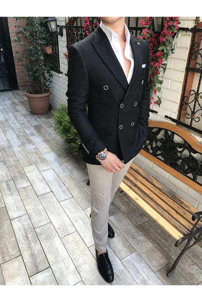 Terziademaltun Italyan Stil Erkek Slim Fit Siyah Kruvaze Tek Ceket T3677 Trendyol