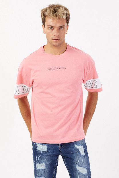Denim Republic Baskili Erkek Pembe Oversize Tisort Trendyol