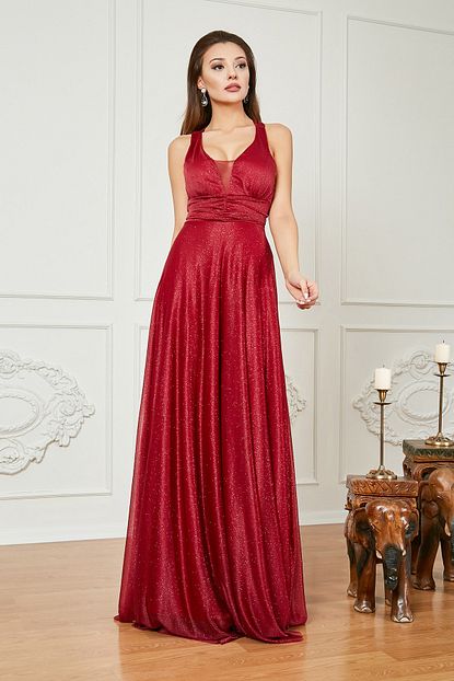 Sateen Sim Askili Uzun Abiye Elbise Bordo Trendyol
